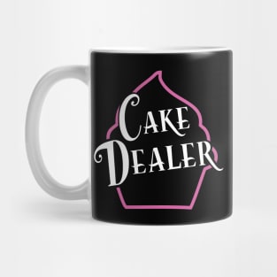 Pink cupcake design with cake dealer text inside Mug